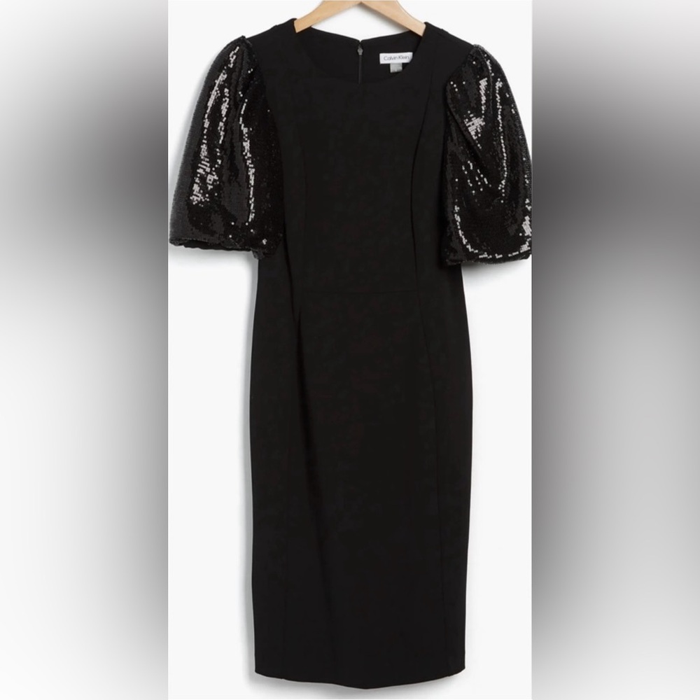 Calvin Klein Embellished Sequin Sleeve Elegant Black Dress